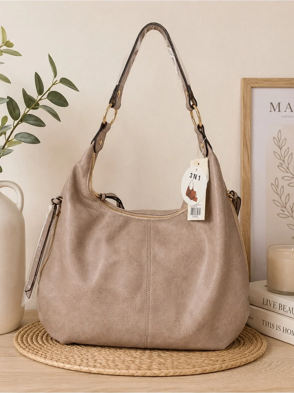 3-in-1 Taupe Hobo Shoulder Bag